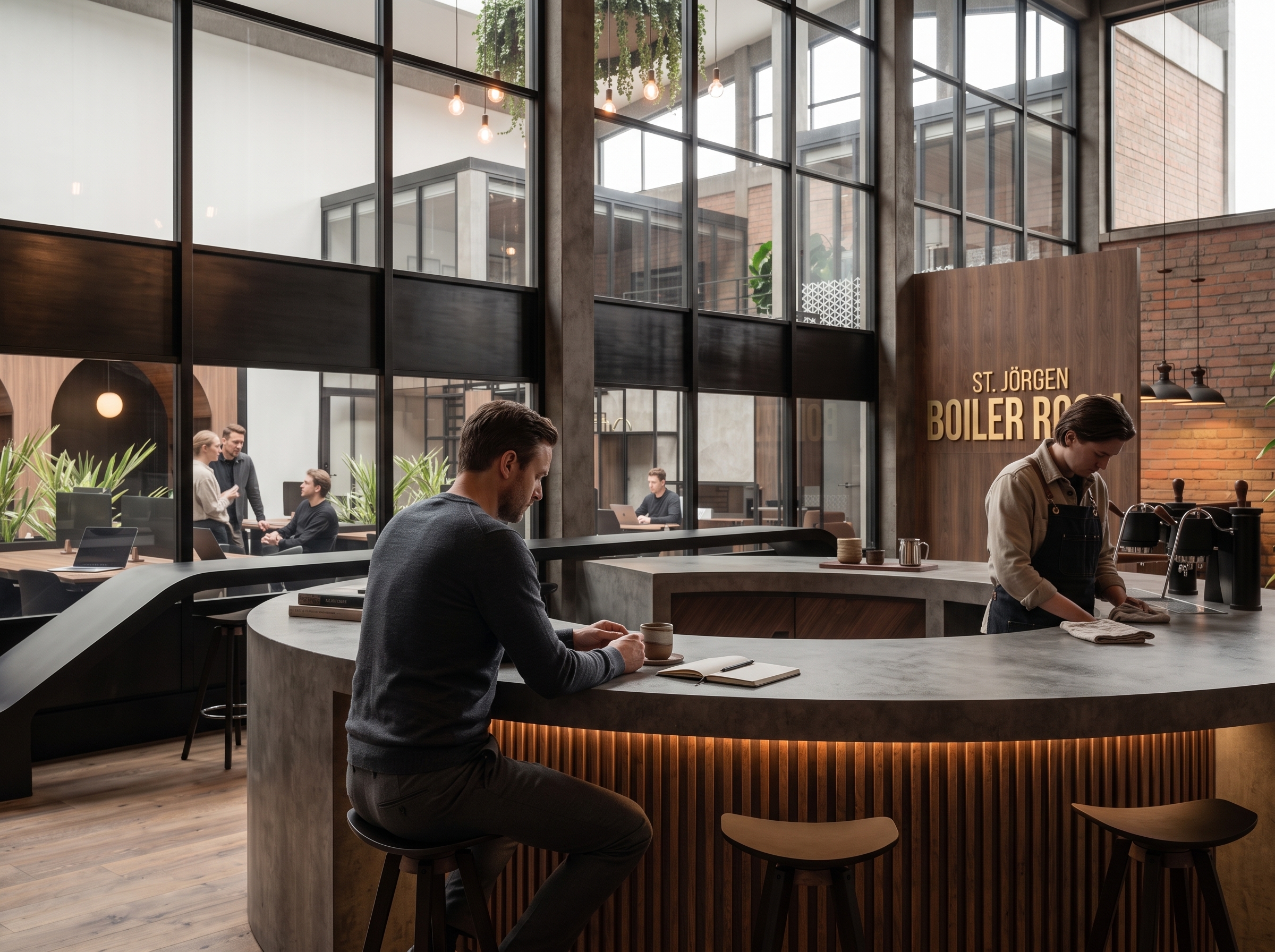Boiler Room circular bar, barista and community interaction
