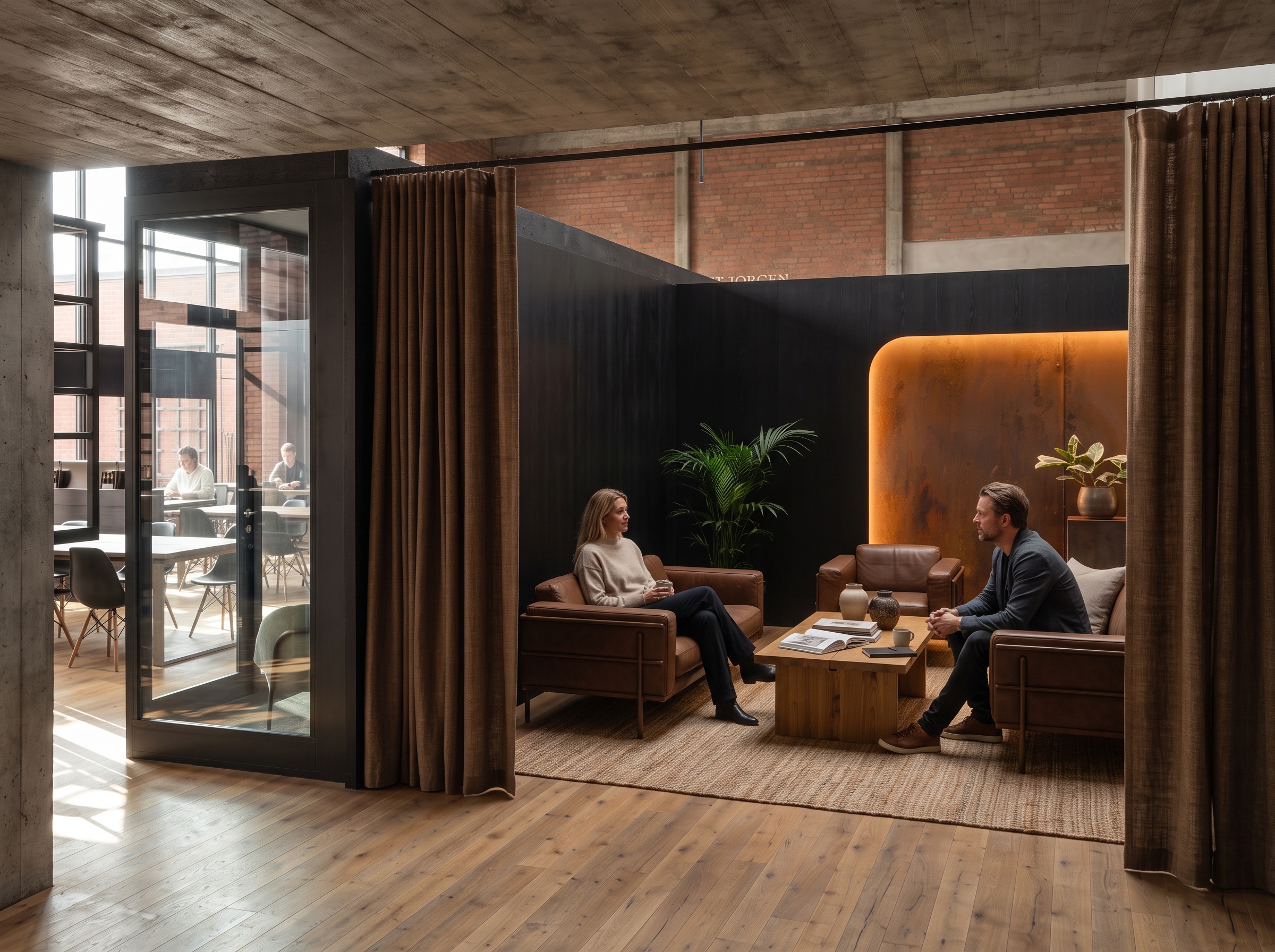 Boiler Room curated conversation lounge with acoustic curtains