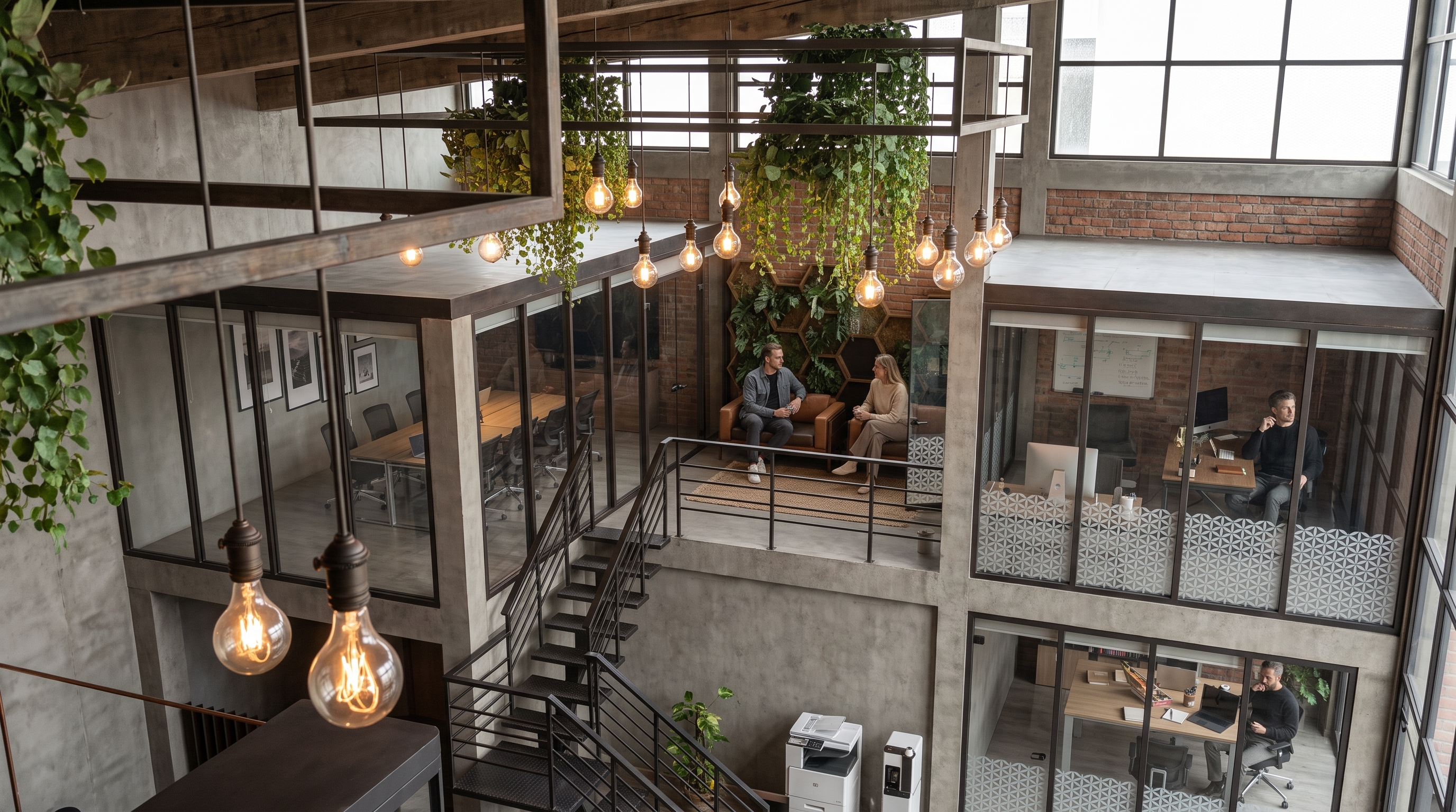 Boiler Room high-angle view showing two-story glass offices and structure