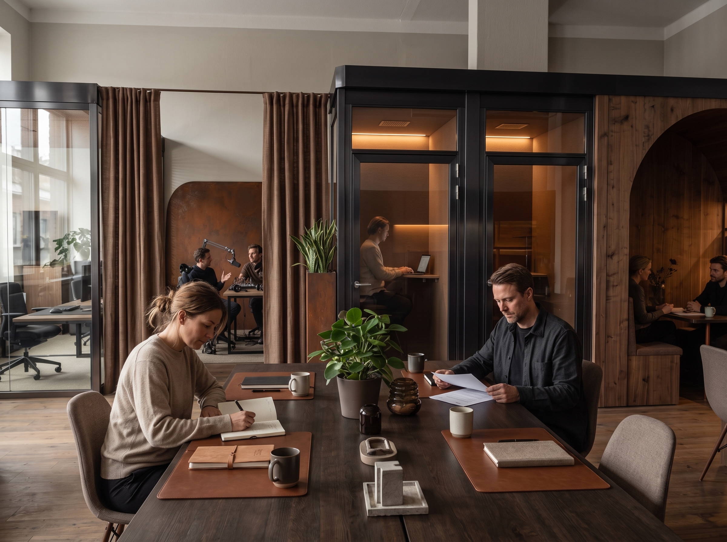 Boiler Room Scandinavian interior with focus booths and workstations